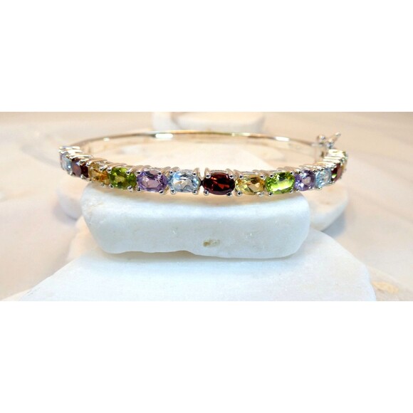 Sterling Silver Multi Gemstone Bangle Bracelet Safety Lock Excellent - Picture 4 of 7